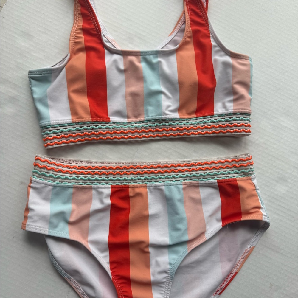 Girls' Multi-Stripe Two-Piece Swim Set - Coral, Mint & Peach